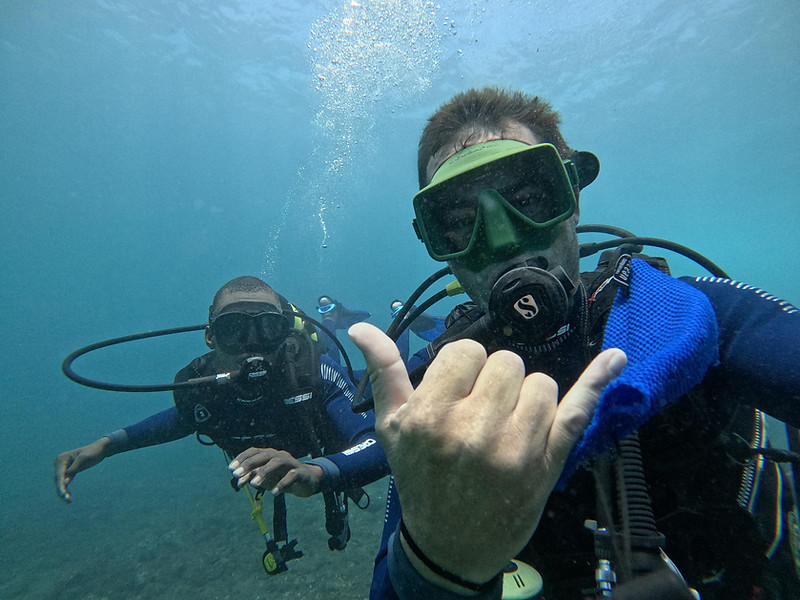 Certified divers on a guided fun dive exploring reefs near Cidade Velha, Santiago, Cape Verde